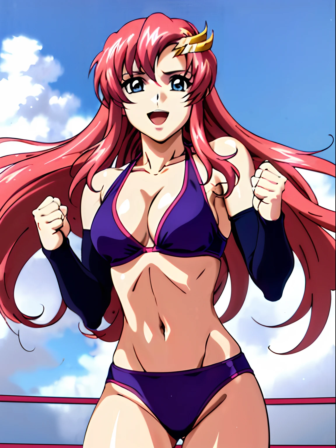 (masterpiece, upper body view, 4K, Best Quality, Anime style: 1.9,, Adult Woman, ultra detailed face, (cloud background, wrestling), Drawing lines, high resolution, Anime, lacus4), 1girl, Solo, curvy figure, Long hair, 鎖骨, scapular, (Detailed wide hair bangs, Hair Ornament, Detailed reddish-pink hair, golden crest), cleavage, large hands, (female wrestler). (Big blue eyes, shiny eyes), ((female wrestler, little biceps, slender body, broad shoulders, closed fists)), ((perfect proportions, medium breasts, long belly)), (((bikini, pink wrestling gear, champion))), happy, smile, open mouth, (standing, looking at the viewer), showing off underarm