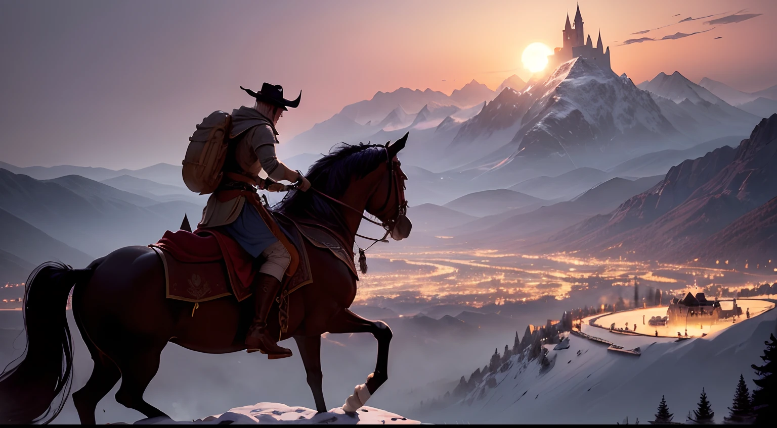 a slim spikey castle tower and city is peached on top a pillar formed mountains as the sun sets inbtween the two mountains. The Mountain pillars are connected with a bridge that is integrated with the spikey castle and its city. The setting is medieval fantasy with a mellow and mezmerising ambiance. In the valley below the tower a lone rider is riding in the shadow of the mountais with his lamp. The rider is riding on a horse and seems small compared to his majecstic surroundings