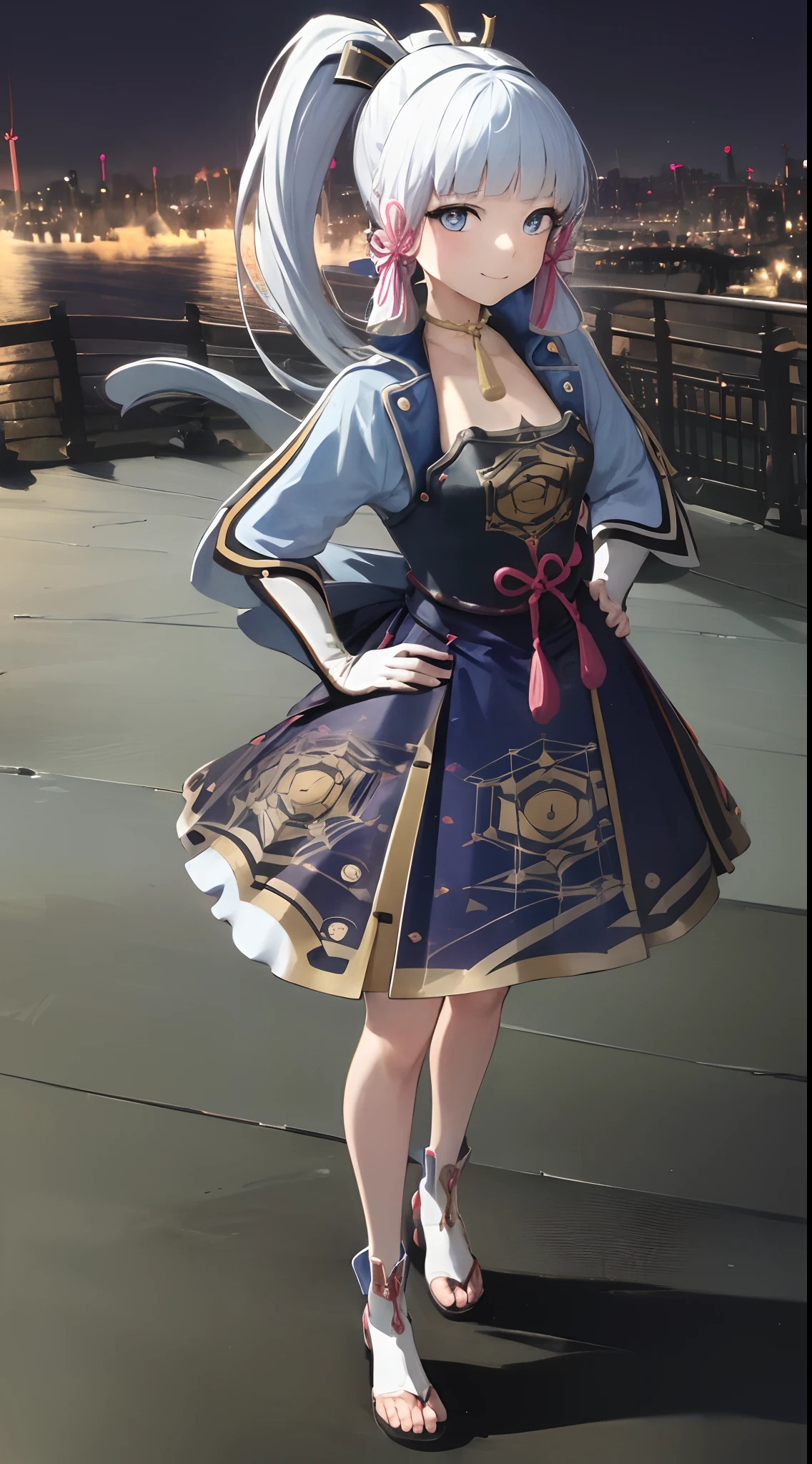 1 girl, solo, absurdres, best quality, (smug smile:1.2), white hair, blue eyes, beautiful dress, hair ornament, elegant dress, short, side ponytail, long hair, outdoors, nighttime, night, city, stars, starry sky, small breasts, flat chest, white gloves, white stockings, (hands on hips:1.2), (portrait, straight on, POV, looking at viewer, full body:1.3)