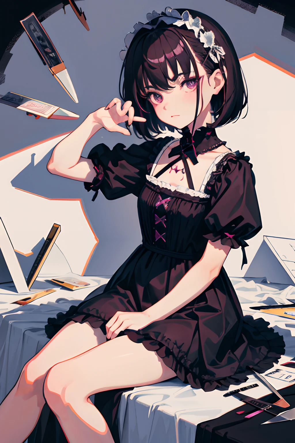 hand between legs,,(masterpiece,Highest Quality),shortsleeves,Magenta Gothic Lolita,Sleepy face,A dark-haired,Medium bob,utility knife,Small scissors,Artistically