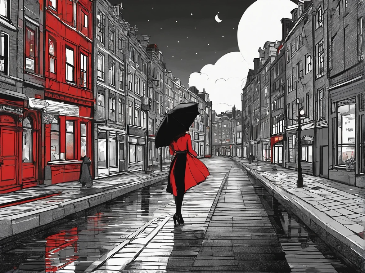 an award winning picture, black&white film noir atmosphere, photorealistic, (best detailed: 1.5), of the red windows of Amsterdam, best detailed picture in (black and white:1.5), a picture of a street on the river, you see the length of the street, the buildings from its start on the street are one or two stories high, its night time, model715(red lights:1.5) coming from the windows of the buildings, the other side of the street is the a river, there is a  (woman, standing with her back to the camera: 1.2), woman in (black and white:1.5) dynamic hair, ultra feminine, she is wearing pantyhose, short skirt, and wearing high heels, the picture is a from street's floor, you see the street to the left, there are the buildings and the light coming from them, and from the right side there is the  river, the woman is standing in the street, its night time, there is moon light and stars, ultra best realistic, best details, best quality, 16k, (ultra detailed: 1.5), masterpiece, best quality, (extremely detailed), ultra wide shot, photorealism, depth of field, hyper realistic