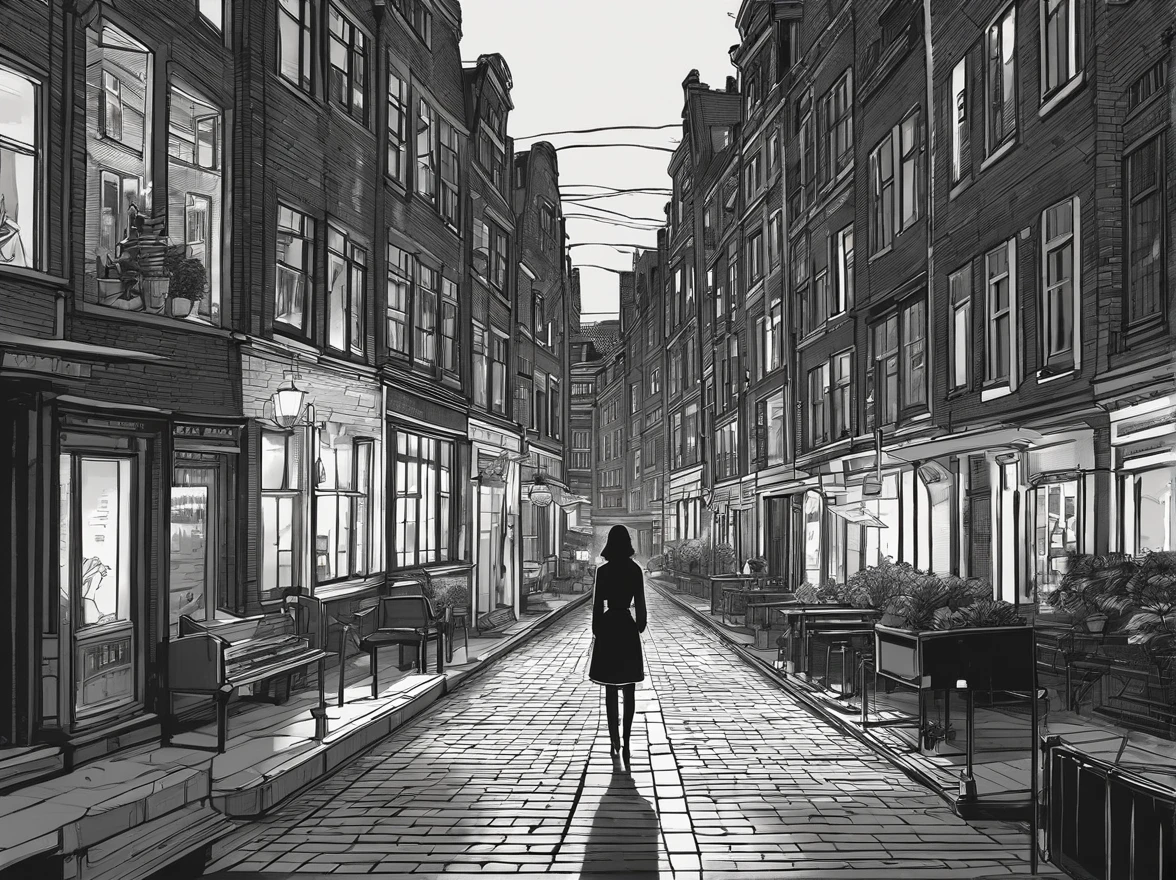 an award winning picture, black&white film noir atmosphere, photorealistic, (best detailed: 1.5), of the red windows of Amsterdam, best detailed picture in (black and white:1.5), a picture of a street on the river, you see the length of the street, the buildings from its start on the street are one or two stories high, its night time, model715(red lights:1.5) coming from the windows of the buildings, the other side of the street is the a river, there is a (woman, standing with her back to the camera: 1.2), woman in (black and white:1.5) dynamic hair, ultra feminine, she is wearing pantyhose, short skirt, and wearing high heels, the picture is a from street's floor, you see the street to the left, there are the buildings and the light coming from them, and from the right side there is the river, the woman is standing in the street, its night time, there is moon light and stars, ultra best realistic, best details, best quality, 16k, (ultra detailed: 1.5), masterpiece, best quality, (extremely detailed), ultra wide shot, photorealism, depth of field, hyper realistic