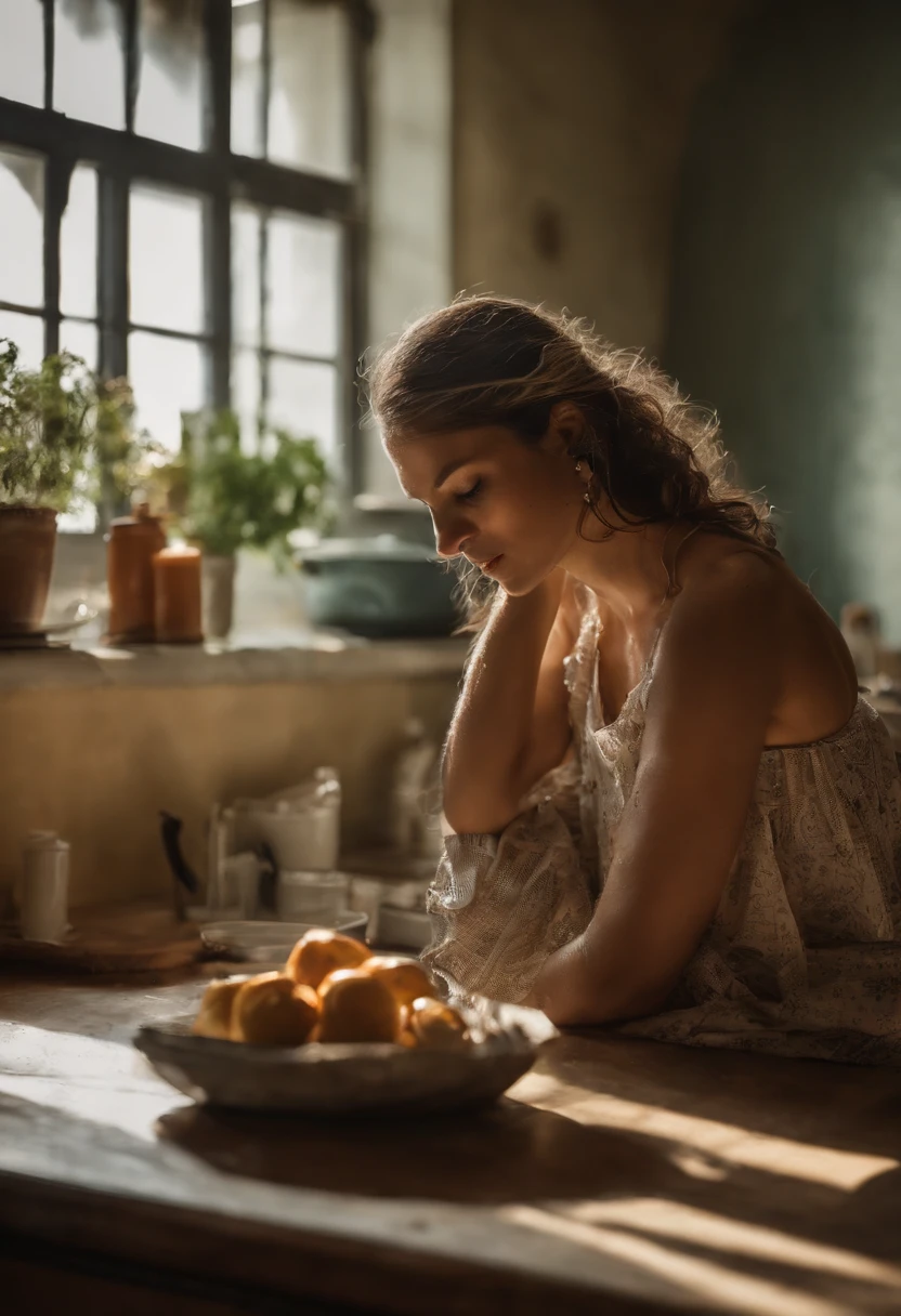 Mujer morena clara tomando cafe en un banco de cocina, desnuda usando una bata para dormir transparente