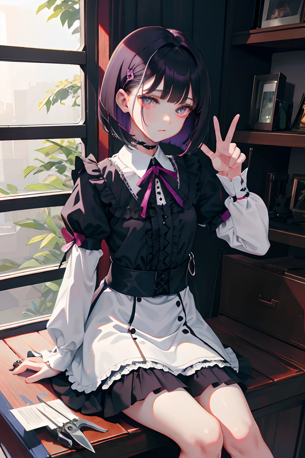 hand between legs,child,(masterpiece,Highest Quality),shortsleeves,Magenta Gothic Lolita,Sleepy face,A dark-haired,Medium bob,utility knife,Small scissors,Artistically