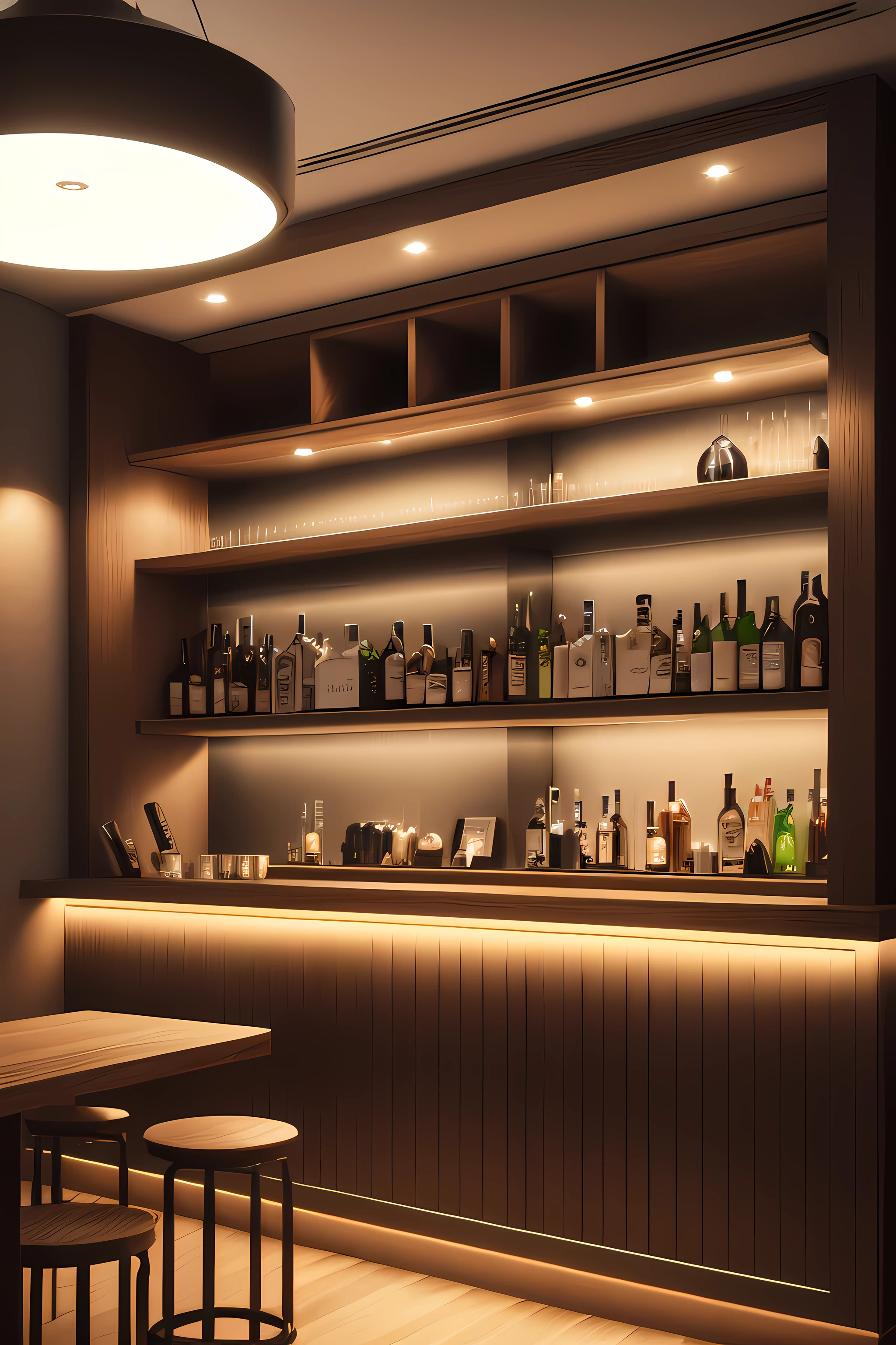 create futuristic bar, front camera, shelves with bottles