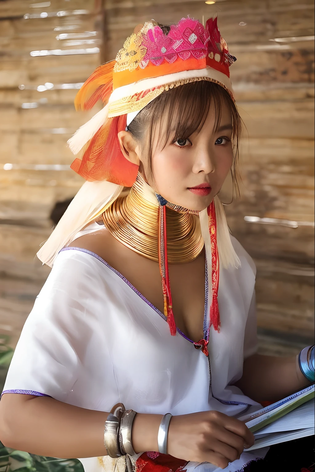 arafed woman with a colorful headdress and a book, traditional beauty, sukhothai costume, gorgeous woman, tribal jewelry, wearing tribal armor, tai traditional bronze headdress, wearing an elegant tribal outfit, anime thai girl, traditional clothes, south east asian with round face, wearing traditional garb, gorgeous lady, stunning woman, traditional clothing