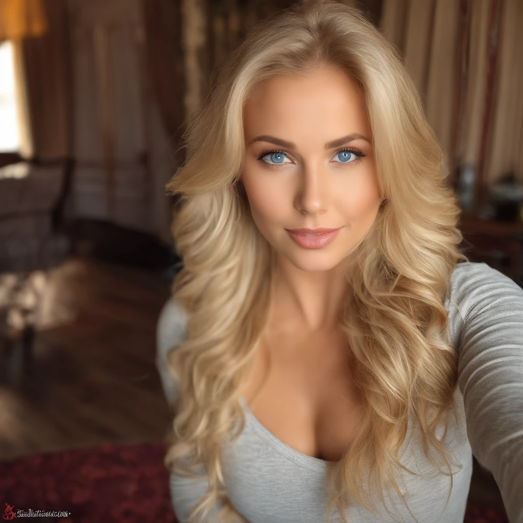 Woman Without T-shirt and panties, Sexy girl with blue eyes, blonde hair and large eyes, selfie of a young woman, Make-up without, natural makeup, Look directly into the camera, face with artgram, dezentes Make-up, Excellent full-length photography, in a room, big breastes, blonde woman