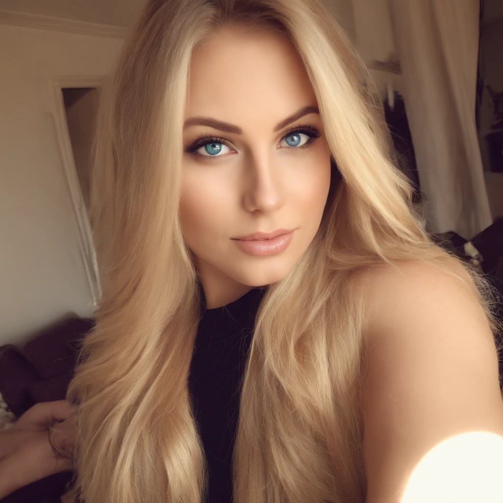 Woman Without T-shirt and panties, Sexy girl with blue eyes, blonde hair and large eyes, selfie of a young woman, Make-up without, natural makeup, Look directly into the camera, face with artgram, dezentes Make-up, Excellent full-length photography, in a room, big breastes, blonde woman