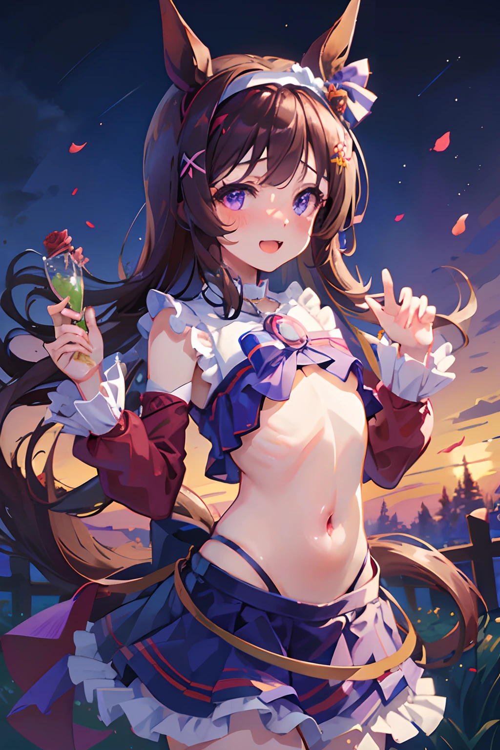 NSFW,bared chest,Revealing clothes,Uma Musume's Nishino Flower,Uma Musume,Nishino flower,Marl,shorth hair,Red headband,Beautiful purple eyes,Black dress,frilld,Blue roses,bow ribbon,small tits,Lori,cute little,Curvaceous,Smile with open mouth,red blush,Shy face,Top image quality,Best Quality,Masterpiece