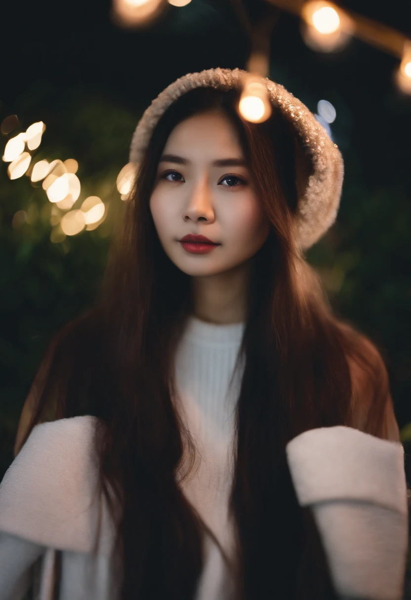 violaceaess, gardeniass, Asian girl, Upper body, Idol face, Night, neonlight, Digital SLR, view the viewer, Natural, candid, Sophisticated, Youthful, Professional lighting, filmgrain