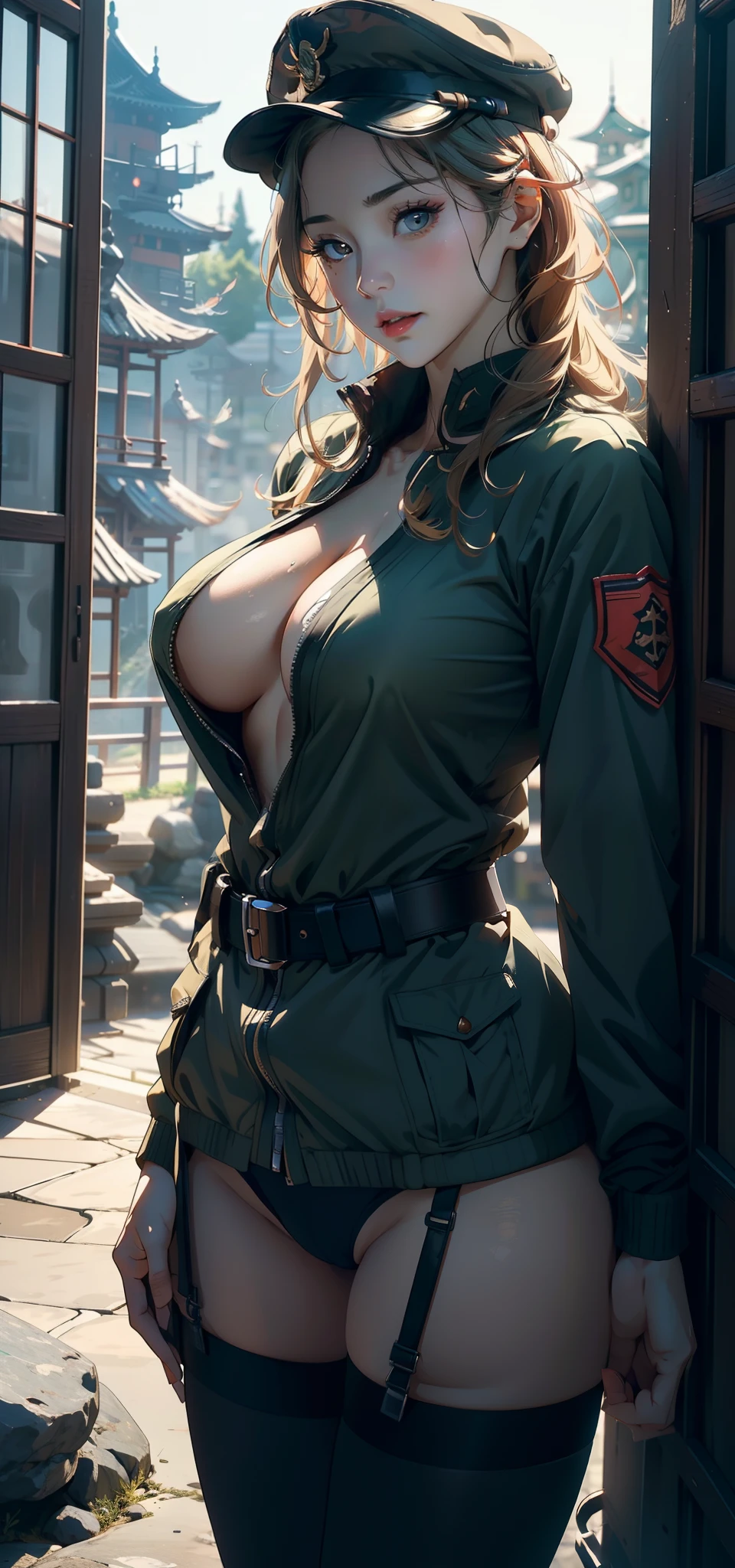 1female，41 years old，熟妇，A MILF ，Married Woman， mature，plumw，extremely large  ，Pornographic exposure， 独奏，（Background with：stunning view，Birch forest，city ruins，There is a lot of war）Snow-white skin， She has short blonde hair，seen from the front， hair straight，（（（tmasterpiece），（Very detailed CG unity 8K wallpaper），best qualtiy，cinmatic lighting，detailed back ground，beatiful detailed eyes，Bright pupils，Redlip（Very fine and beautiful），（Beautiful and detailed eye description），ultra - detailed，tmasterpiece，）），facing at camera，A high resolution，ultra - detailed），revealing breasts，Bare ，  Bulge，legs are open，Raised sexy，Camel toes，Flushed complexion，American GI，frontage，military hat（Wearing：Dark green baseball jacket，Tactical belt，Black tights）hand gun