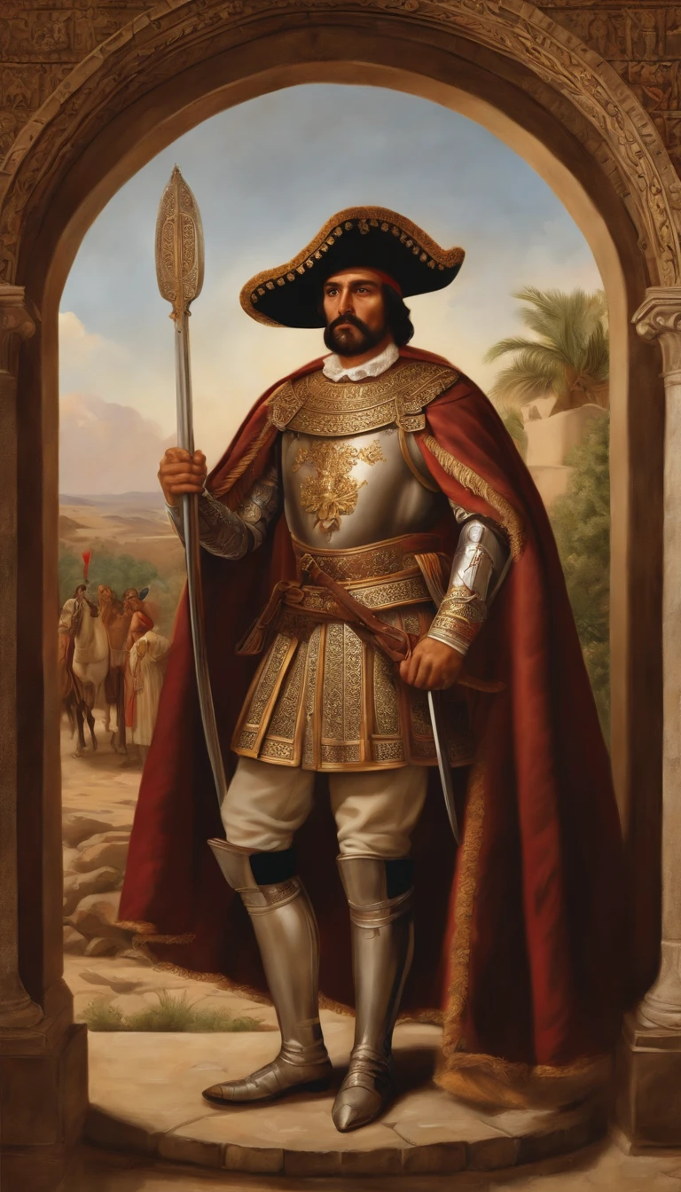 (best quality,ultra-detailed,realistic:1.37), oil painting, Hernán Cortés conqueror of Mexico, long flowing garments, religious motifs, ultra-detailed depiction of his face and accessories, vibrant colors, dramatic lighting