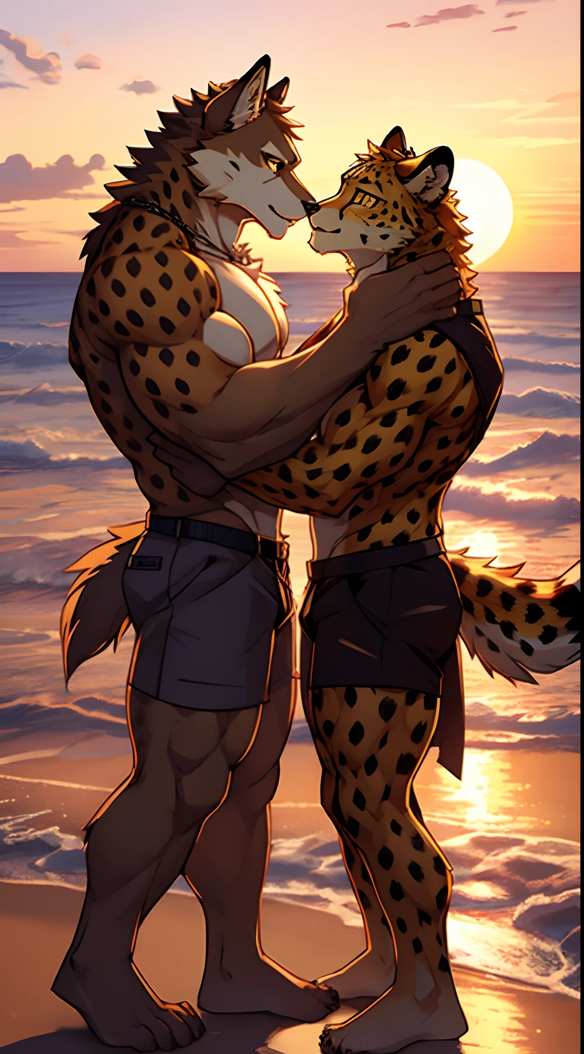 A short cheetah being kissed by a muscular tall wolf at a sunset on the beach