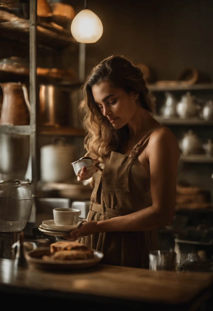 Mujer morena clara tomando cafe en un banco de cocina, desnuda