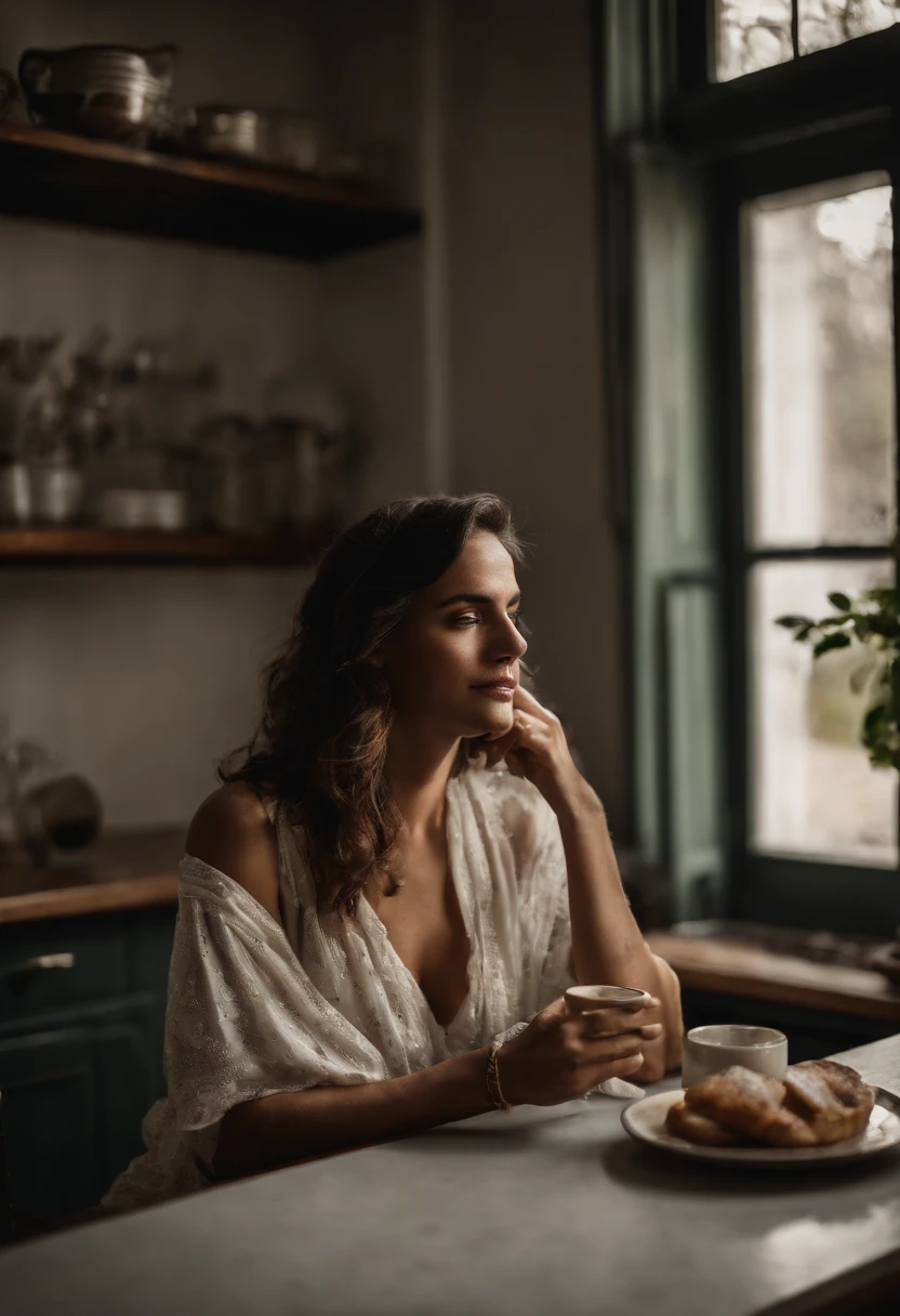 Mujer morena clara tomando cafe en un banco de cocina, desnuda