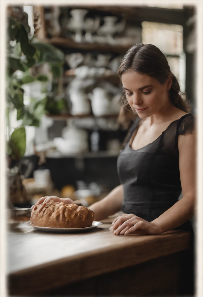 Mujer morena clara tomando cafe en un banco de cocina, desnuda