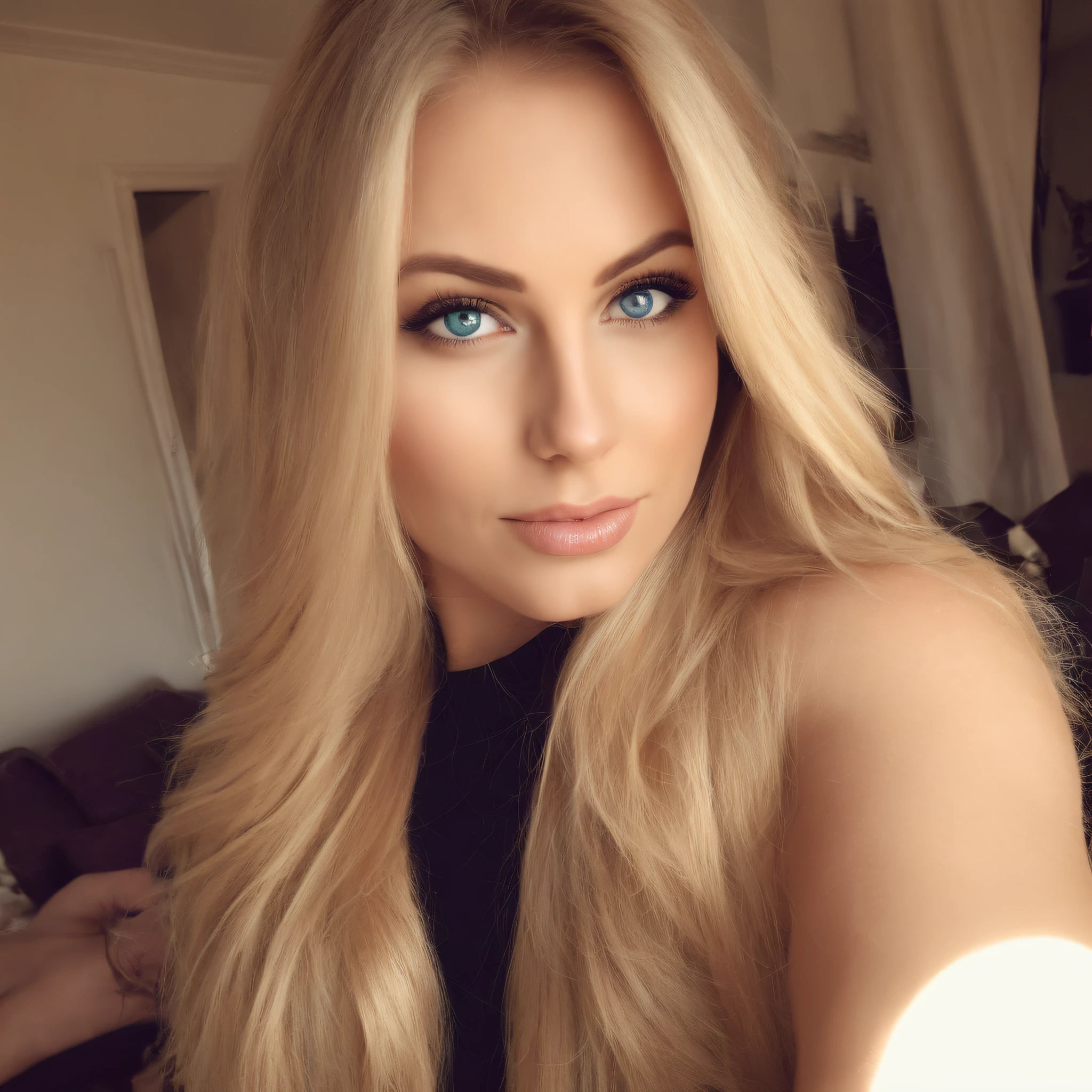 Woman Without T-shirt and panties, Sexy girl with blue eyes, blonde hair and large eyes, selfie of a young woman, Make-up without, natural makeup, Look directly into the camera, face with artgram, dezentes Make-up, Excellent full-length photography, in a room, big breastes, blonde woman