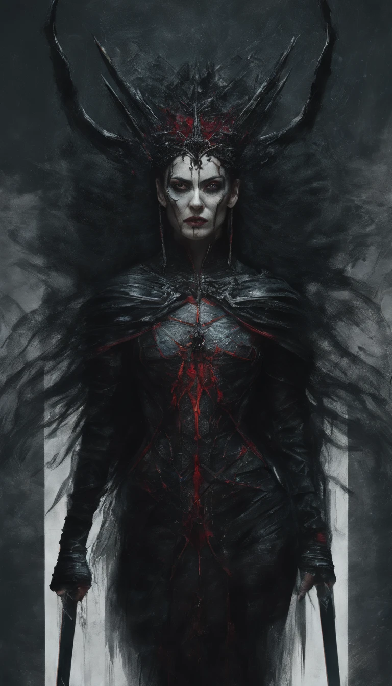 Hela, Deusa da morte, nordic mythology, Scarlet witch with a tiara with several blades on her head, carrega um colar de caveiras, Arte em estilo Guviz, Ross Tran 8 K, uma bela imperatriz fantasia, 8k arte detalhada de alta qualidade, Arte digital altamente detalhada em 4k, Retrato da rainha das trevas, multiple pointed swords, Fundo de cinzas e fogo, pequenos pontos de brasa quente ao fundo,