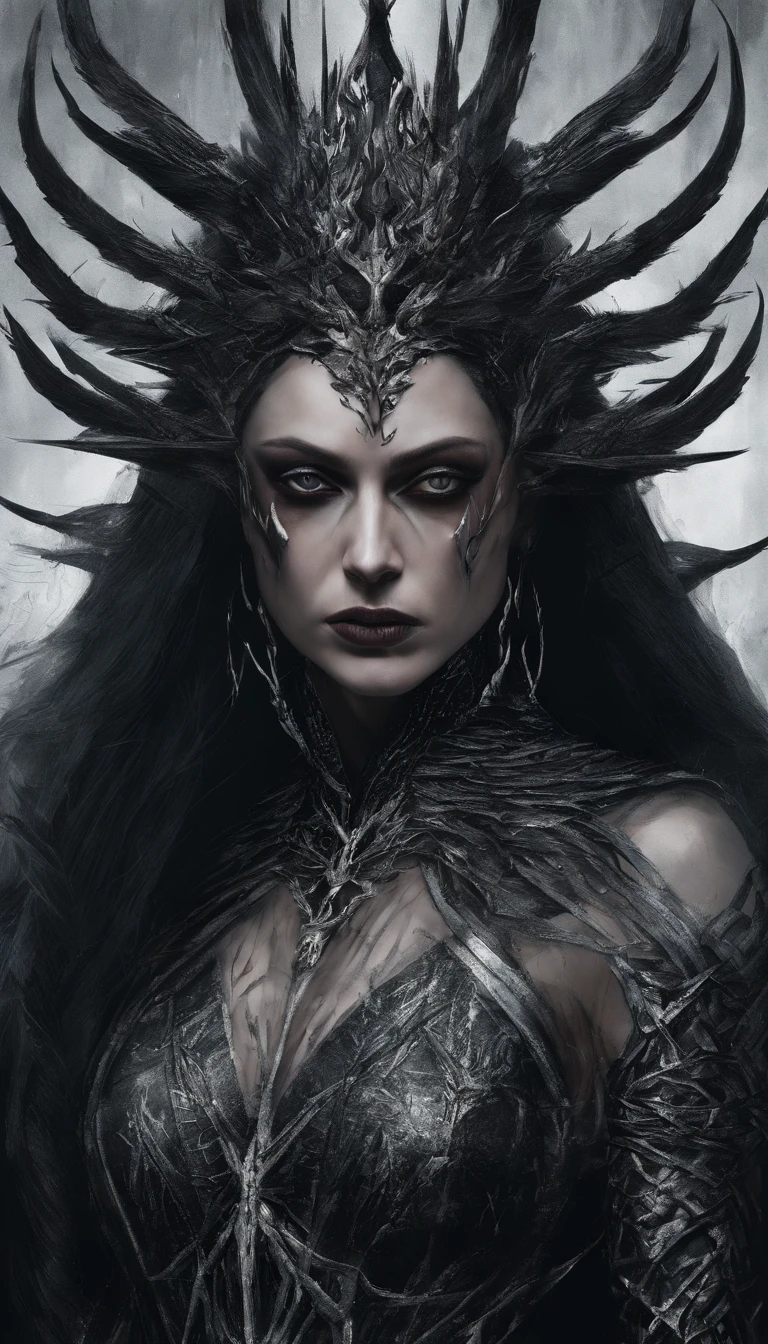 Hela, Deusa da morte, nordic mythology, Scarlet witch with a tiara with several blades on her head, carrega um colar de caveiras, Arte em estilo Guviz, Ross Tran 8 K, uma bela imperatriz fantasia, 8k arte detalhada de alta qualidade, Arte digital altamente detalhada em 4k, Retrato da rainha das trevas, multiple pointed swords, Fundo de cinzas e fogo, pequenos pontos de brasa quente ao fundo,