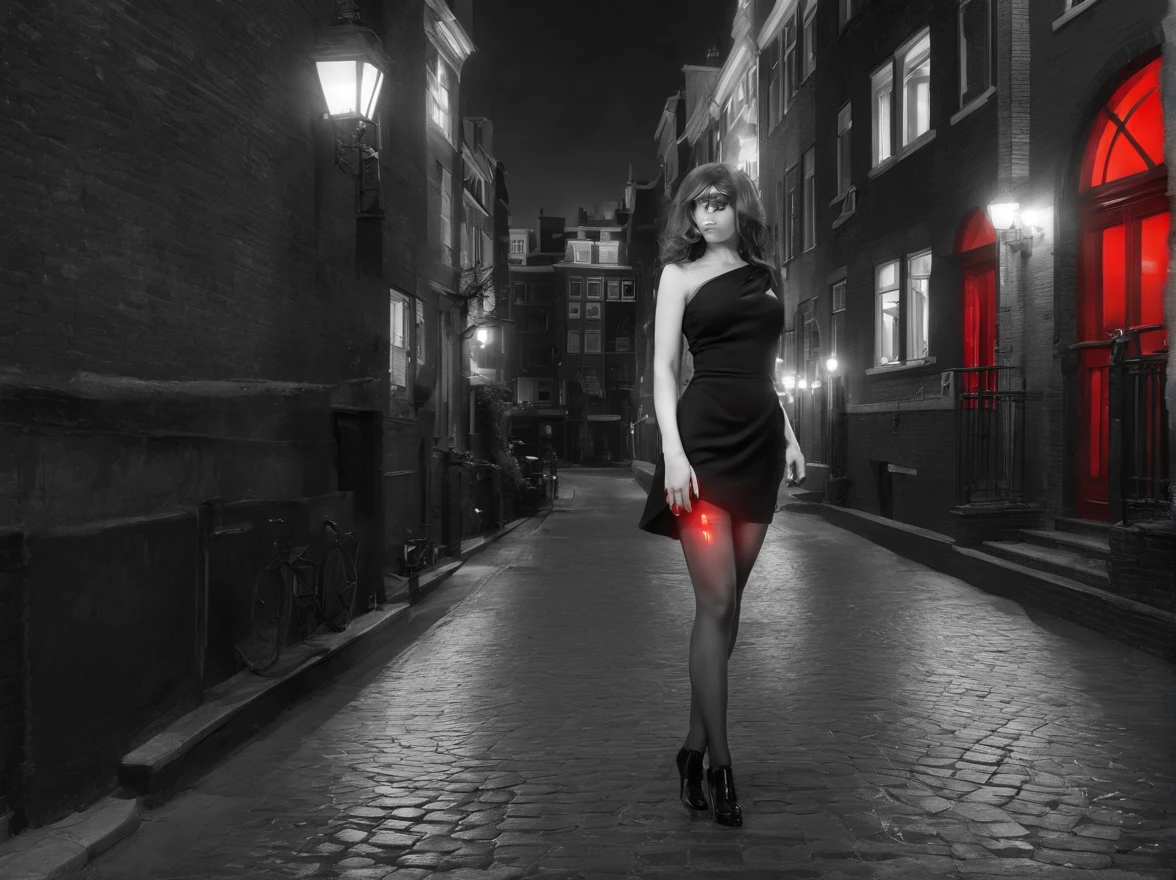 an award winning picture, black&white film noir atmosphere, photorealistic, (best detailed: 1.5), of the red windows of Amsterdam, best detailed picture in (black and white:1.5), a picture of a street on the river, you see the length of the street, the buildings from its start on the street are one or two stories high, its night time, model715(red lights:1.5) coming from the windows of the buildings, the other side of the street is the a river, there is a (woman, standing with her back to the camera: 1.2), woman in (black and white:1.5) dynamic hair, ultra feminine, she is wearing pantyhose, short skirt, and wearing high heels, the picture is a from street's floor, you see the street to the left, there are the buildings and the light coming from them, and from the right side there is the river, the woman is standing in the street, its night time, there is moon light and stars, ultra best realistic, best details, best quality, 16k, (ultra detailed: 1.5), masterpiece, best quality, (extremely detailed), ultra wide shot, photorealism, depth of field, hyper realistic