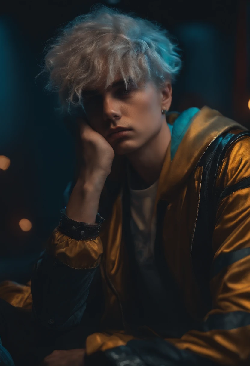 Sad boy with hands on head ,caos,cyperpunk,luminiscencia,8k