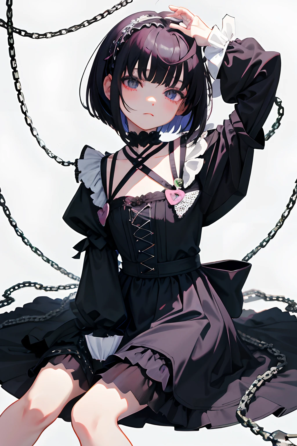 hand between legs，，（​masterpiece，Highest Quality），shortsleeves，Magenta Gothic Lolita，Sleepy face，A dark-haired，Medium bob，utility knife，Small scissors，chains