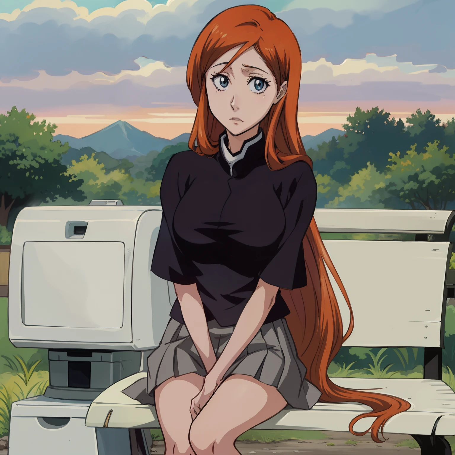 Orihime innoue from "Bleach" Anime, sitting on a park bench, black skirt, Tv Tokyo Animation, Tite Kubo style, Bleach Anime art, (masterpiece), (1girl), (8K), (High Quality)