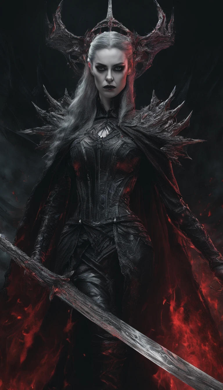 Hela, Deusa da morte, nordic mythology, Scarlet witch with a tiara with several blades on her head, carrega um colar de caveiras, Arte em estilo Guviz, Ross Tran 8 K, uma bela imperatriz fantasia, 8k arte detalhada de alta qualidade, Arte digital altamente detalhada em 4k, Retrato da rainha das trevas, multiple pointed swords, Fundo de cinzas e fogo, pequenos pontos de brasa quente ao fundo,