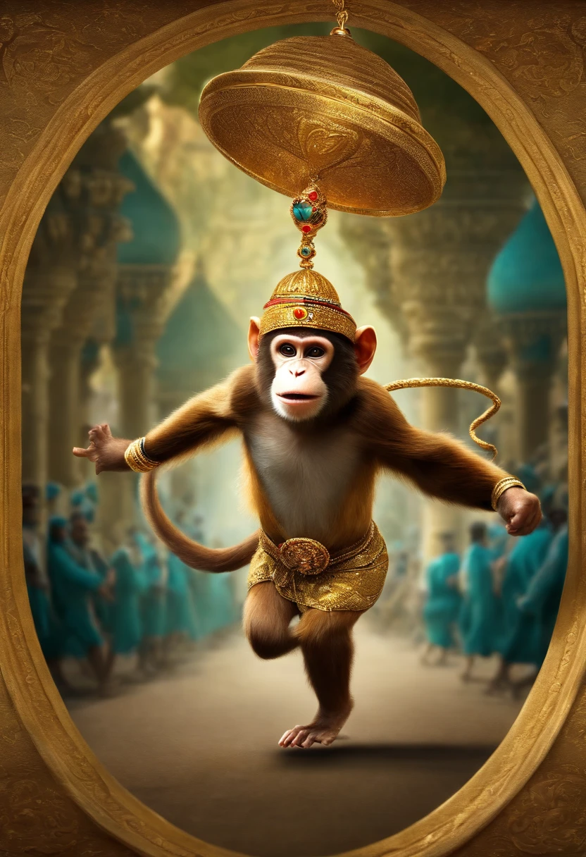 monkey with hat of Abu of Aladdin running with a gold necklace in hand, men chasing after