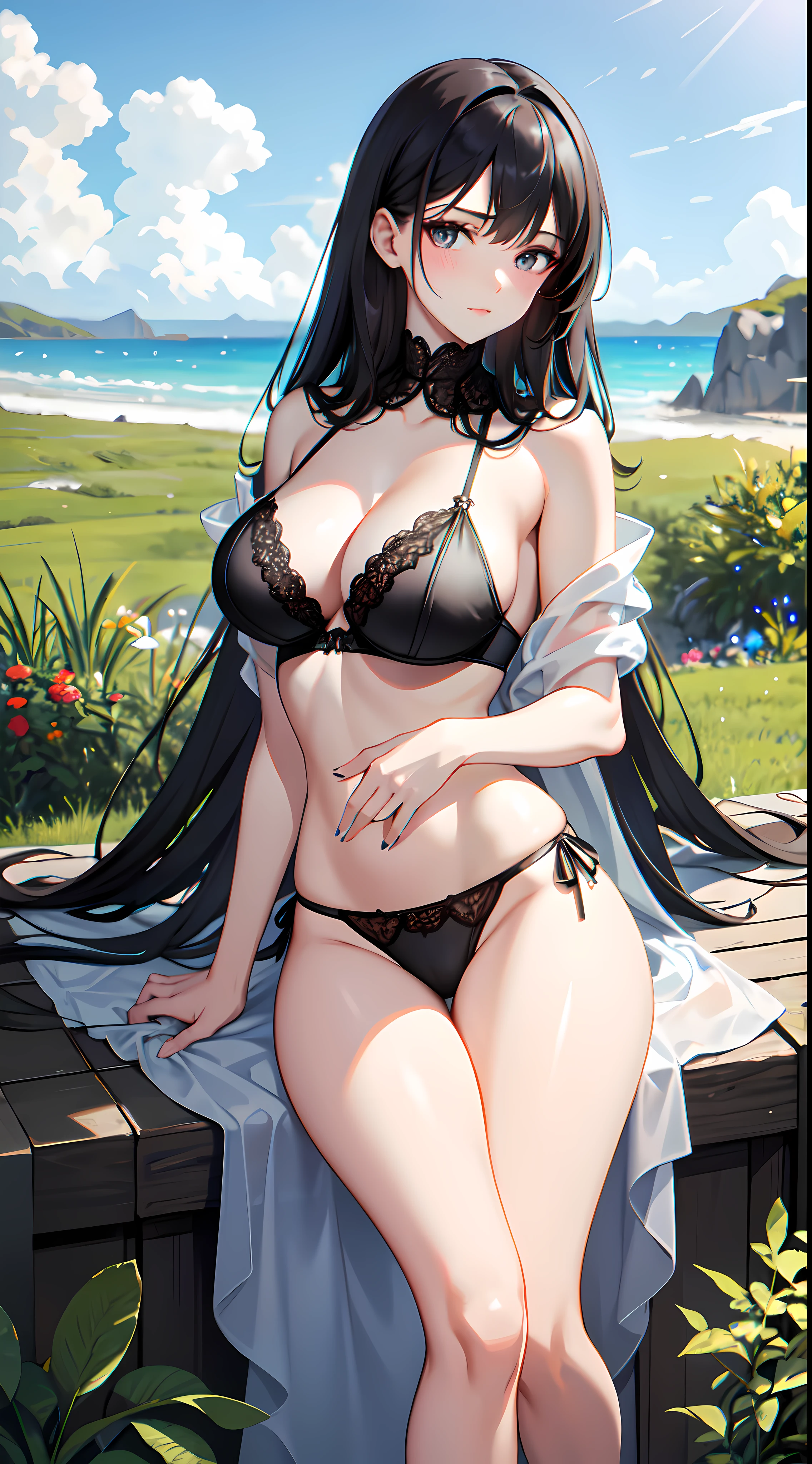 a beauti,clean black hair,Wear suspendless black lace underwear,Big chest,Exposing thighs,Perfect hands,is shy,seductiv