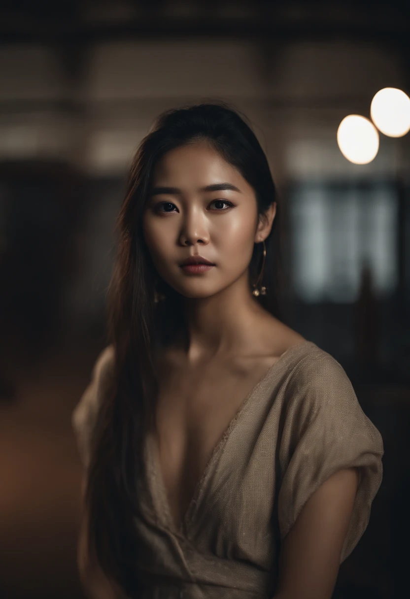 Asian girl, Extremely beautiful face,Elaborate Eyes,Sadness,Dance studio,the rule of thirds, Tonal color scheme