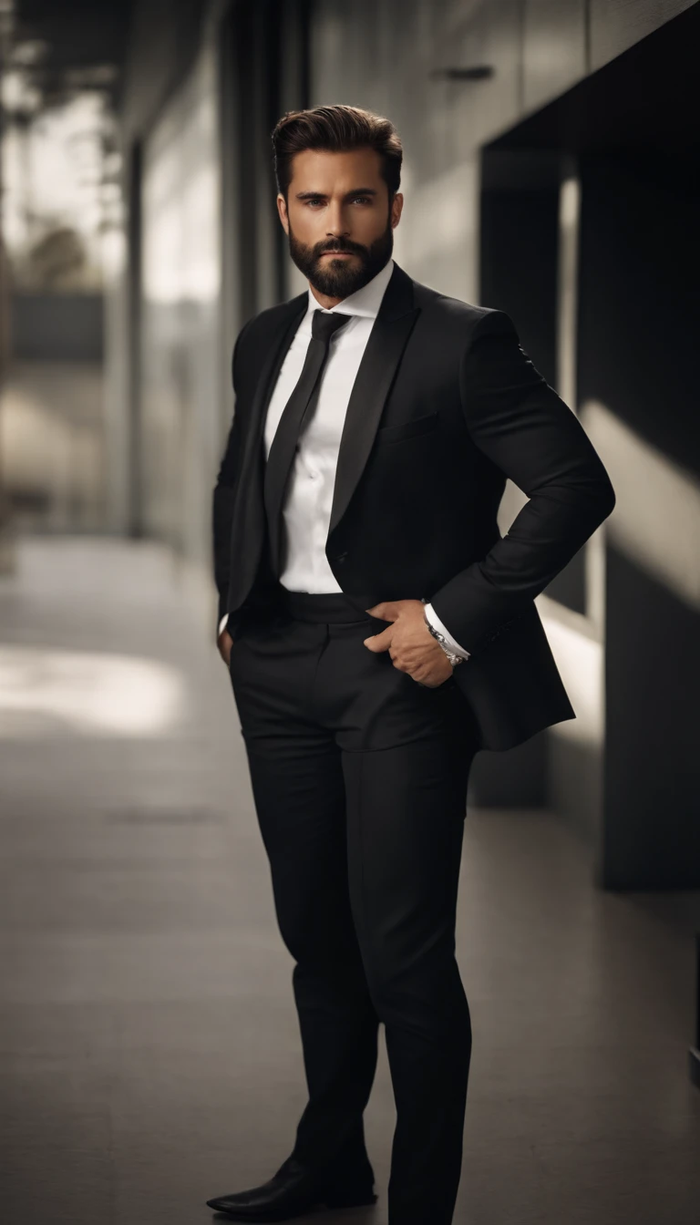 hacia arriba、Make a handsome man in his 30s in black suit and tie, Consejero delegado, brown hair and beard, (Hombre con traje negro y corbata), ), (Usa barba,) Aspecto atractivo y serio, cabello corto y oscuro, Elegante y con estilo, Afeitado ajustado al traje y cuerpo fuerte, (Alta calidad, true-to-life visuals), Negro oscuro y claro sobre el fondo de la imagen, Film style, ((highest qualityr, 8k, obra maestra), ultra hi definition photo, (Hermosos rostros detallados, Detalle de la textura de la piel, Cuerpo hiperdetallado:1.1)