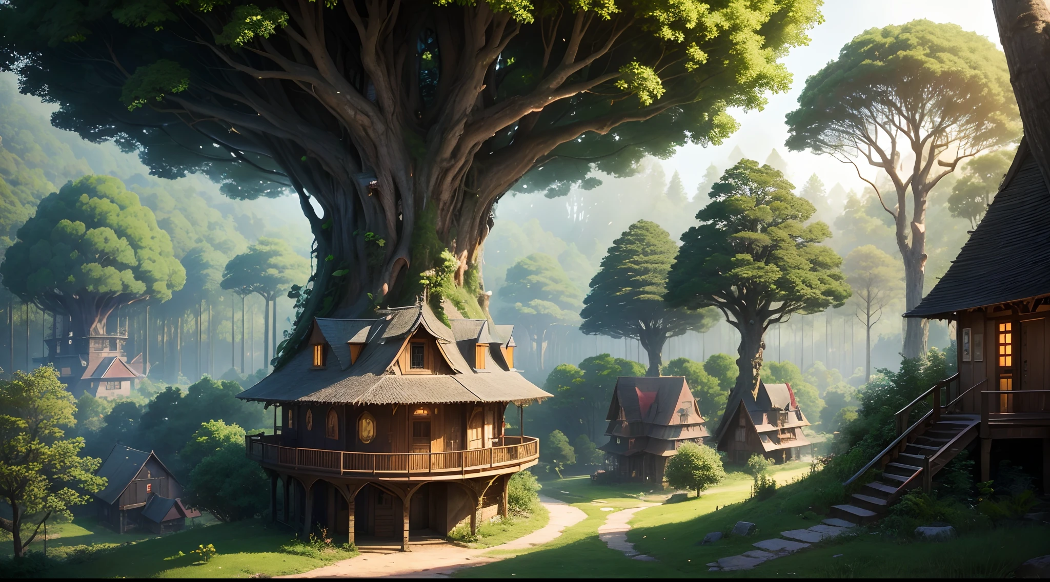 village of Several gigantic tree houses surrounded by nature that has regained its rights, Forests, arbres, Les fleurs dominent. (no human) (16k, Best quality, Hdr, Better resolution, Masterpiece: 1.2) , Bokeh, Realistic Photography, Canon 5d4.