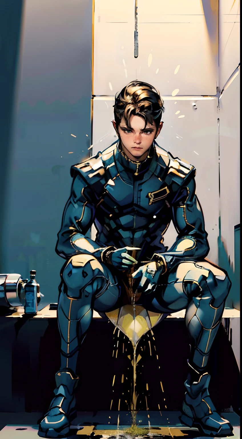 (Masterpiece, 16k,8K,4K ,Ultra detailed:1.1),(Beautiful face:1.1),(1boys:1.1),(Elevate jewelry:1.2),(Urination:1.4),(Embarrassed:1.1)（tightsuit），（Erect ）
