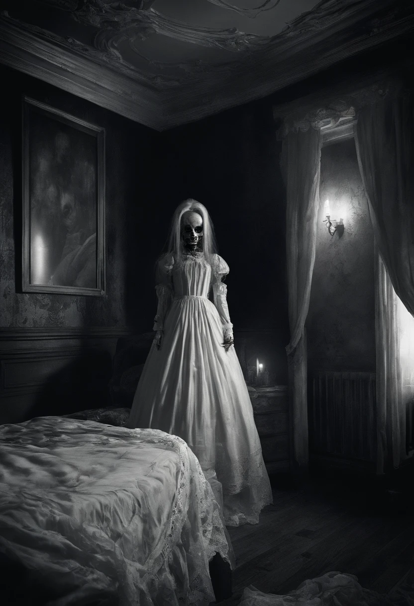 Chambre noire、plafond、Scary doll in white dress