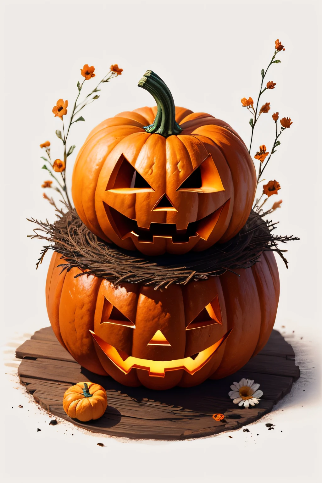 Watercolor illustration, Halloween, Scary pumpkin, Colorful flowers, High resolution,8k. ((White Background))
