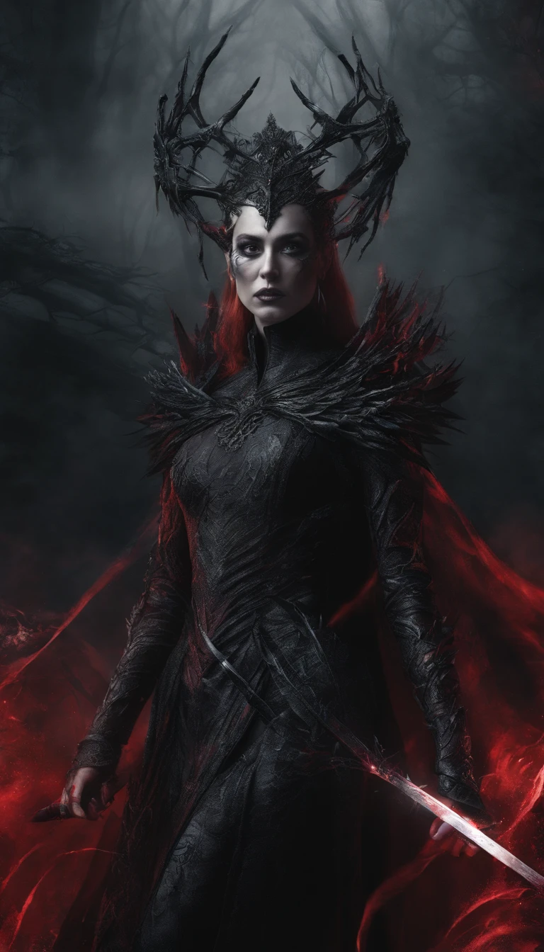 Hela, Deusa da morte, nordic mythology, Scarlet witch with a tiara with several blades on her head, Colar de caveiras, Arte em estilo Guviz, Ross Tran 8 K, uma bela imperatriz fantasia, 8k arte detalhada de alta qualidade, Arte digital altamente detalhada em 4k, Retrato da rainha das trevas, wielding multiple pointed swords, Fundo de cinzas e fogo, pequenos pontos de brasa quente ao fundo, Vestido composto por caveiras e laminas,