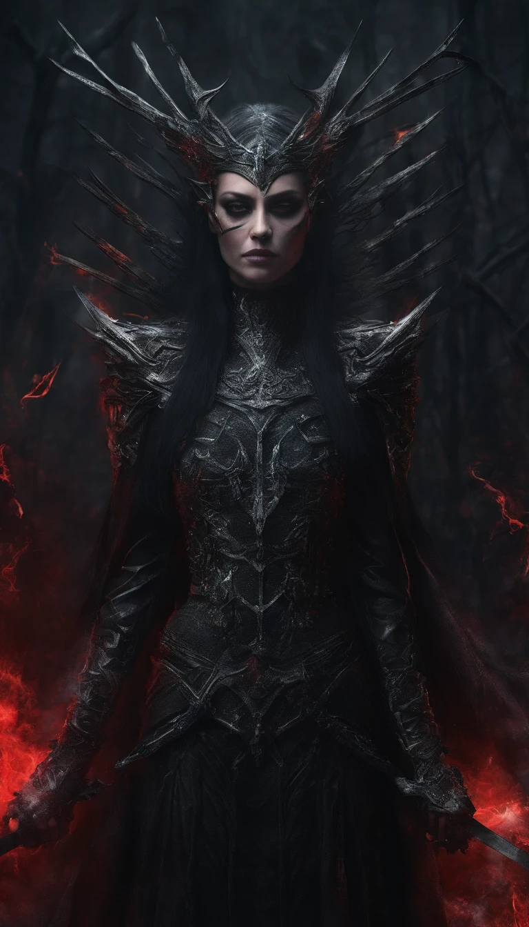 Hela, Deusa da morte, nordic mythology, Scarlet witch with a tiara with several blades on her head, carrega um colar de caveiras, Arte em estilo Guviz, Ross Tran 8 K, uma bela imperatriz fantasia, 8k arte detalhada de alta qualidade, Arte digital altamente detalhada em 4k, Retrato da rainha das trevas, multiple pointed swords, Fundo de cinzas e fogo, pequenos pontos de brasa quente ao fundo,