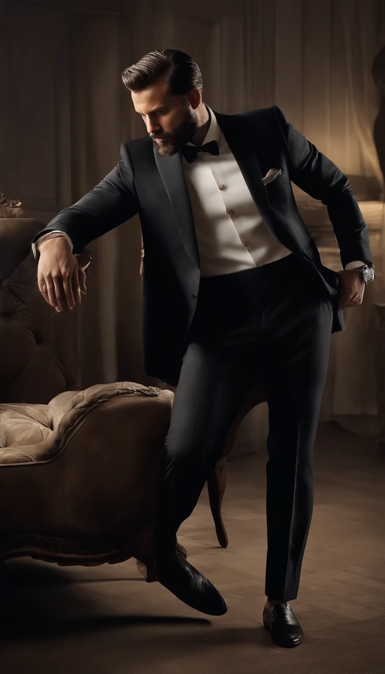 hacia arriba、Make a handsome man in his 30s in black suit and tie, Consejero delegado, brown hair and beard, (Hombre con traje negro y corbata), ), (Usa barba,) Aspecto atractivo y serio, cabello corto y oscuro, Elegante y con estilo, Afeitado ajustado al traje y cuerpo fuerte, (Alta calidad, true-to-life visuals), Negro oscuro y claro sobre el fondo de la imagen, Film style, ((highest qualityr, 8k, obra maestra), ultra hi definition photo, (Hermosos rostros detallados, Detalle de la textura de la piel, Cuerpo hiperdetallado:1.1)