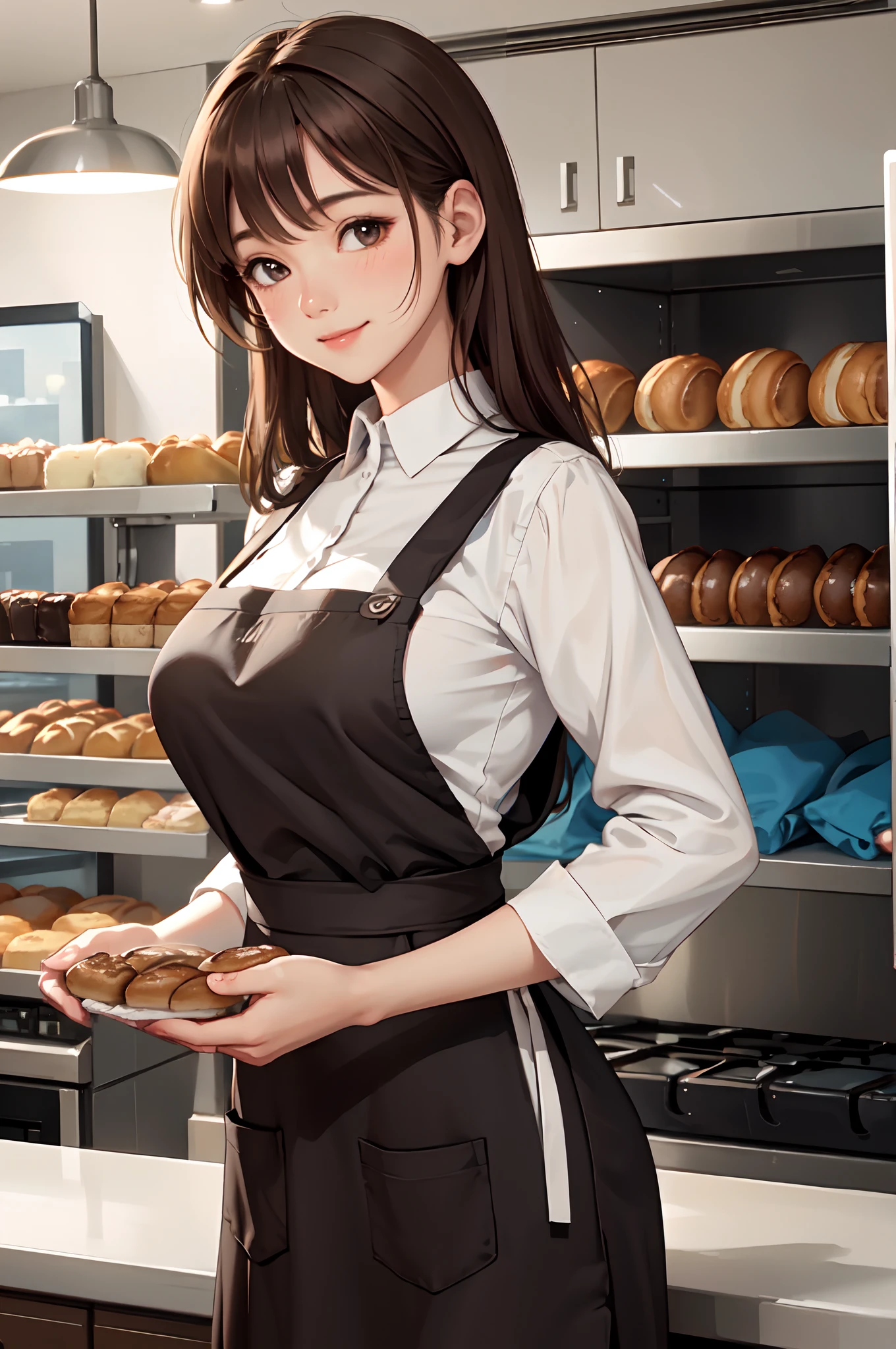1lady solo, /(staff uniform/) /(brown apron/), holding tray, /(brown hair/) bangs, blush kind smile, (masterpiece best quality:1.2) delicate illustration ultra-detailed, large breasts BREAK bakery