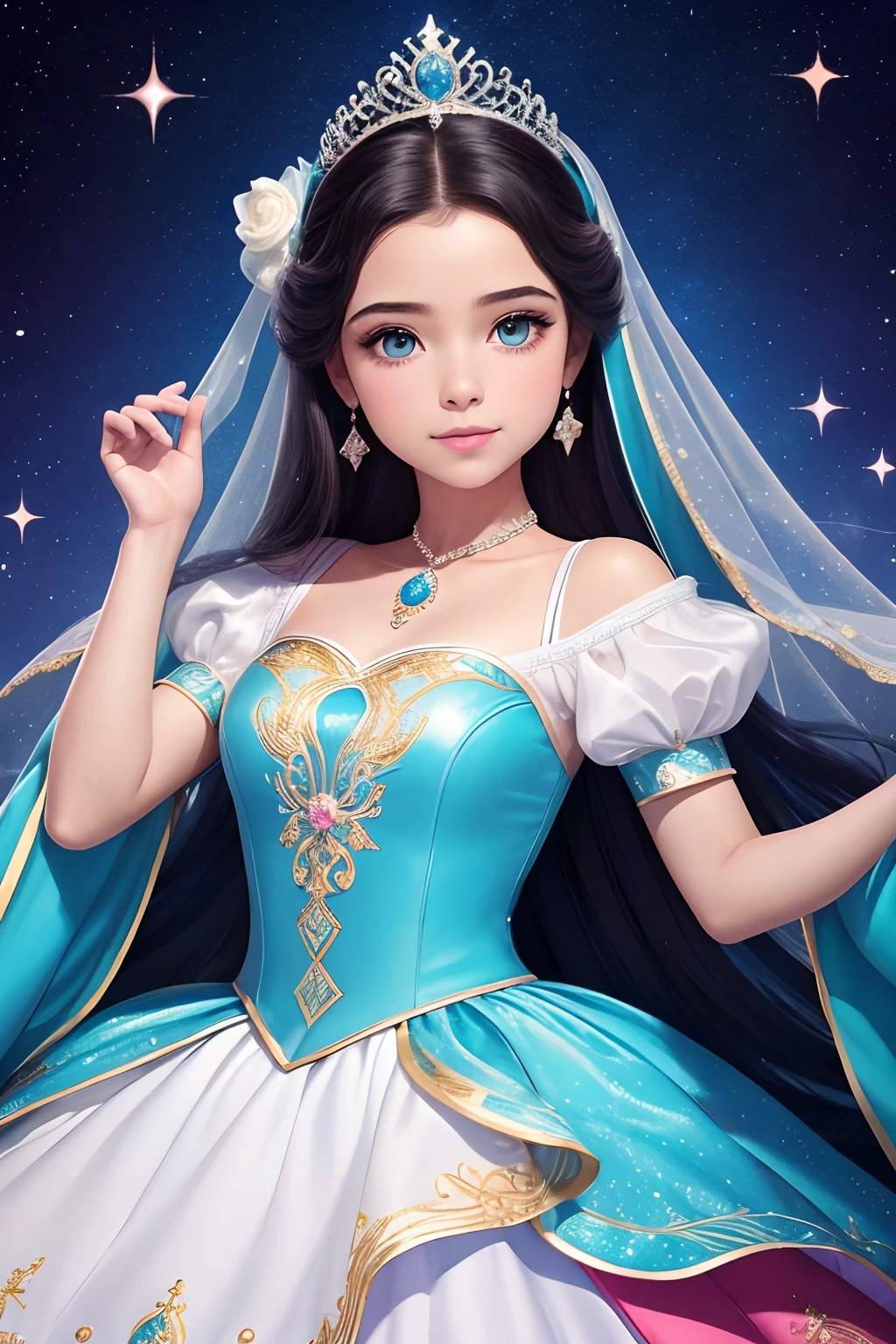 uma linda princesa, Dancing, detalhes requintados, linda garota estilo Disney, branca de neve,cabelo loiro, olhos azul, vestido, pequena tiara brilhante, pintura hiperdetalhada, enquadramento de corpo inteiro, 4K分辨率, cinemactic, Hand-drawn art station trend, detalhes que lembram princesas da Disney, negrito linhas, no papel, fundo neutro.