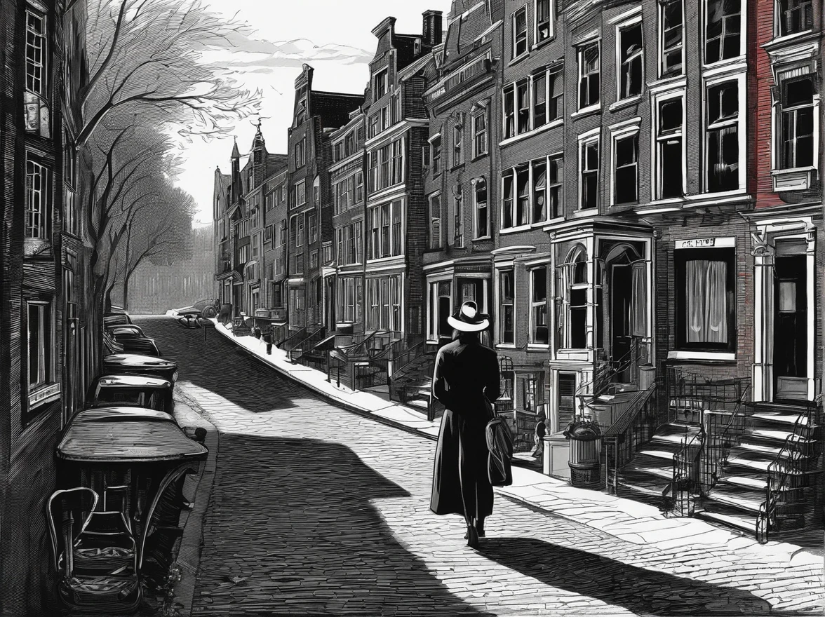 an award winning picture, black&white film noir atmosphere, photorealistic, (best detailed: 1.5), of the red windows of Amsterdam, best detailed picture in (black and white:1.5), a picture of a street on the river, you see the length of the street, the buildings from its start on the street are one or two stories high, its night time, model715(red lights:1.5) coming from the windows of the buildings, the other side of the street is the a river, there is a (woman, standing with her back to the camera: 1.2), woman in (black and white:1.5) dynamic hair, ultra feminine, she is wearing pantyhose, short skirt, and wearing high heels, the picture is a from street's floor, you see the street to the left, there are the buildings and the light coming from them, and from the right side there is the river, the woman is standing in the street, its night time, there is moon light and stars, ultra best realistic, best details, best quality, 16k, (ultra detailed: 1.5), masterpiece, best quality, (extremely detailed), ultra wide shot, photorealism, depth of field, hyper realistic