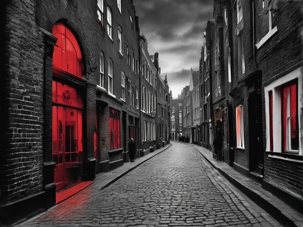 an award winning picture, black&white film , photorealistic, picture (best detailed: 1.5), of the red windows of Amsterdam, (best detailed: 1.5) picture in (black and white:1.5), a picture of a street on the river, you see the length of the street, the buildings from its start on the street are one or two stories high, its night time, model715(red lights:1.5) coming from all the windows of the buildings, the other side of the street is the a (river: 1.3), there is a  woman, (standing with her back to the camera: 1.2), beautiful woman in (black and white:1.5) dynamic hair, ultra feminine, she is wearing pantyhose, short skirt, and wearing high heels, the picture is a from street's floor, you see the street to the left, there are the buildings and the (model715 red light: 1.3) coming from them, and from the right side there is the  (river:1.4), the woman is standing in the street, her back is to the camera, (best detailed face: 1.5), its night time, there is moon light and stars, ultra best realistic, best details, best quality, 16k, (ultra detailed: 1.5), masterpiece, best quality, (extremely detailed), ultra wide shot, photorealism, depth of field, hyper realistic