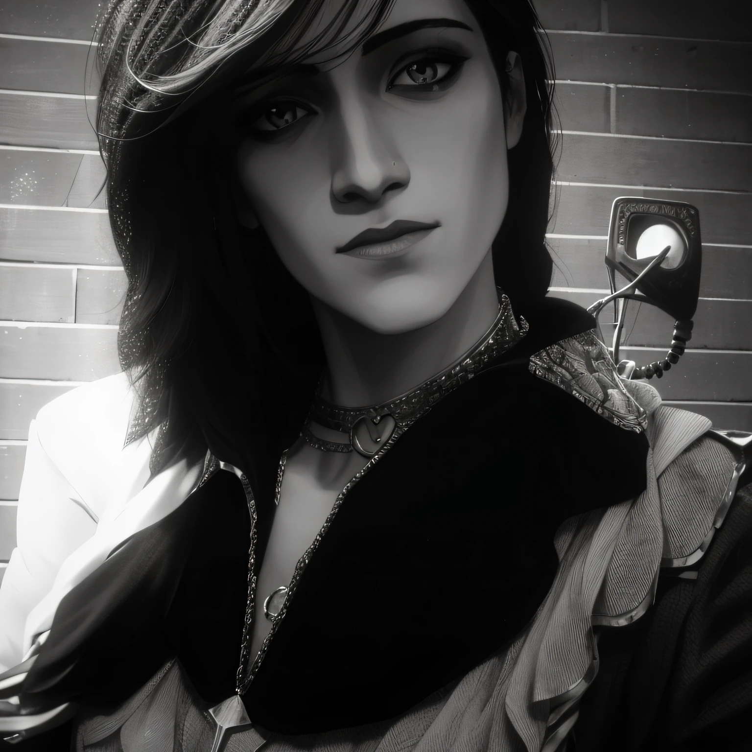 Arafed woman with a necklace and watch is taking a selfie, Cristina Kritkou, by Amelia Peláez, en blanco y negro, androginia, Mina Petrovic, androgynous person, Imagen de perfil, androgynous face, por Lucia Peka, Imagen en blanco y negro, by Emma Ríos, Portrait of an androgynous girl