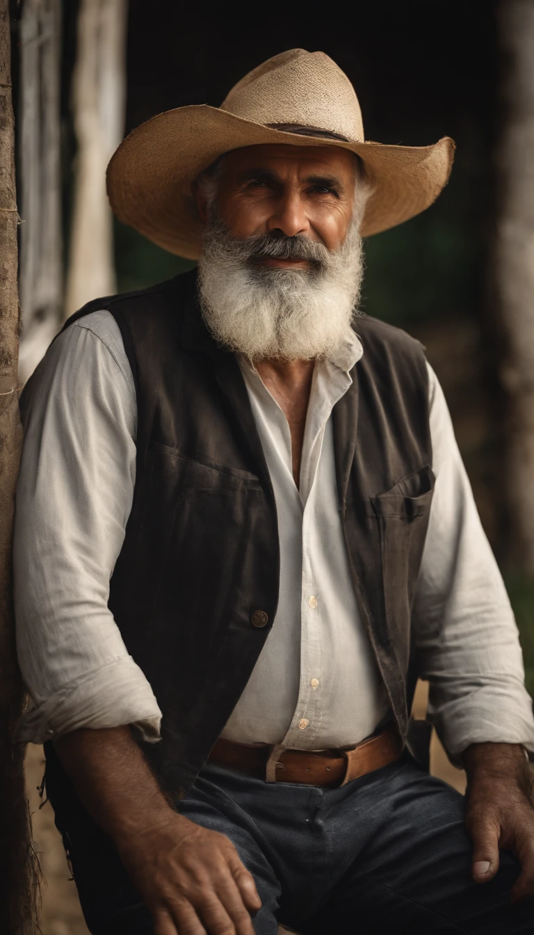 Senior bearded farmer with straw hat arms crossed in the field with sun behind him natural volumetric lighting and better shadows, profundidade de campo profunda, foco claro, Portrait of man 35 years incredibly beautiful muscles, corpo inteiro, belo rosto viril, barba, atraente com olhos claros, sorriso sedutor, cabelo cinza curto desgrenhado, camisa branca apertada, jeans, (messy painted body: 1.05), (fundo de rua com lojas: 1.15), hospital, (arms down 1.2), bandaged broken arm, Pitoresco, overexposure, renderizado, fotorrealista, NSFW, sexy,, claro, focado, Centrado, sensual, disco Rigido, 8k, DSLR, .RAW