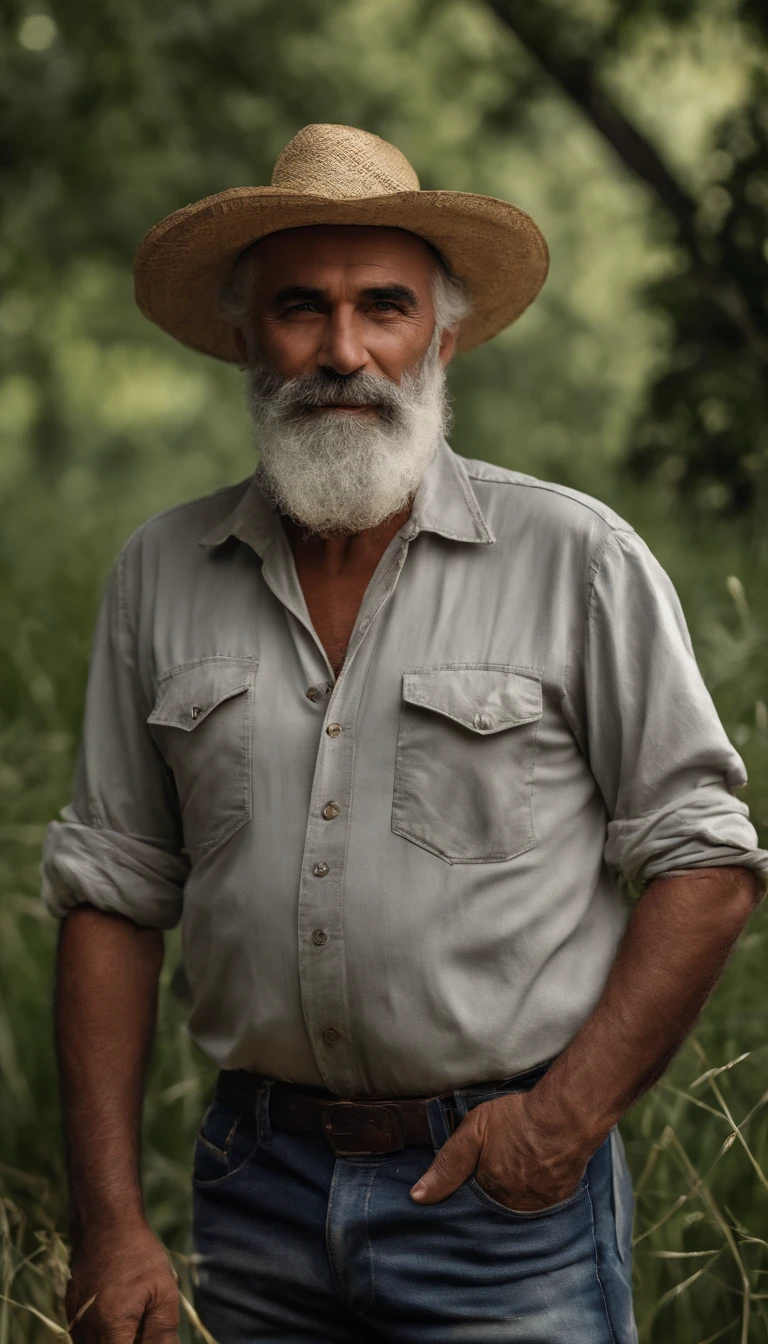Senior bearded farmer with straw hat arms crossed in the field with sun behind him natural volumetric lighting and better shadows, profundidade de campo profunda, foco claro, Portrait of man 35 years incredibly beautiful muscles, corpo inteiro, belo rosto viril, barba, atraente com olhos claros, sorriso sedutor, cabelo cinza curto desgrenhado, camisa branca apertada, jeans, (messy painted body: 1.05), (fundo de rua com lojas: 1.15), hospital, (arms down 1.2), bandaged broken arm, Pitoresco, overexposure, renderizado, fotorrealista, NSFW, sexy,, claro, focado, Centrado, sensual, disco Rigido, 8k, DSLR, .RAW