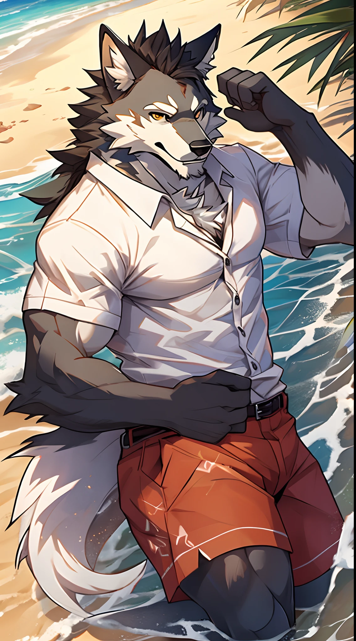 Um grande lobo branco tirando a camisa em uma praia deserta, com olhar sexy e uma piscada de olho