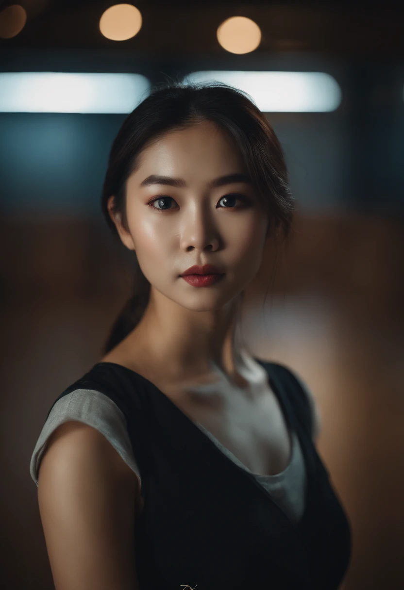 Asian girl, Extremely beautiful face,Elaborate Eyes,dynamic viewing angle,sadness,Dance studio,the rule of thirds, Tonal color scheme