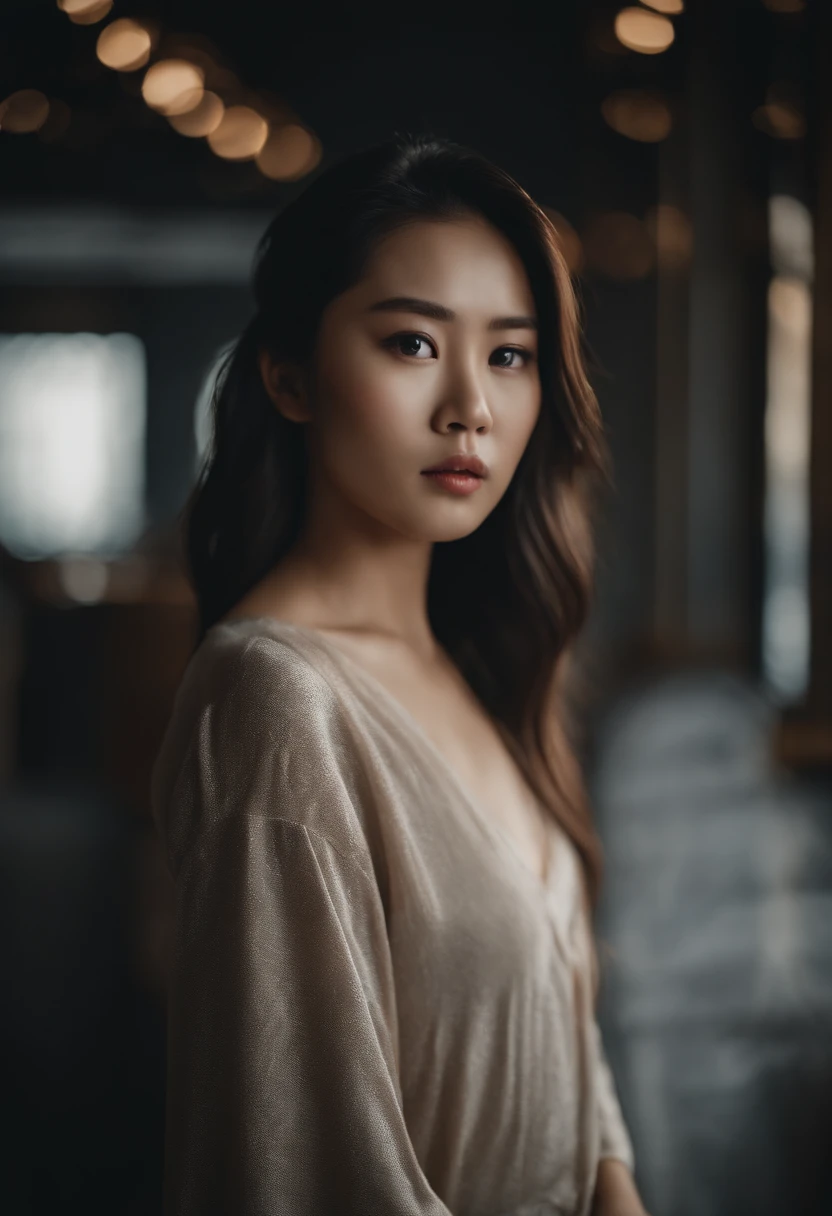 Asian girl, Extremely beautiful face,Elaborate Eyes,Sadness,Dance studio,the rule of thirds, Tonal color scheme