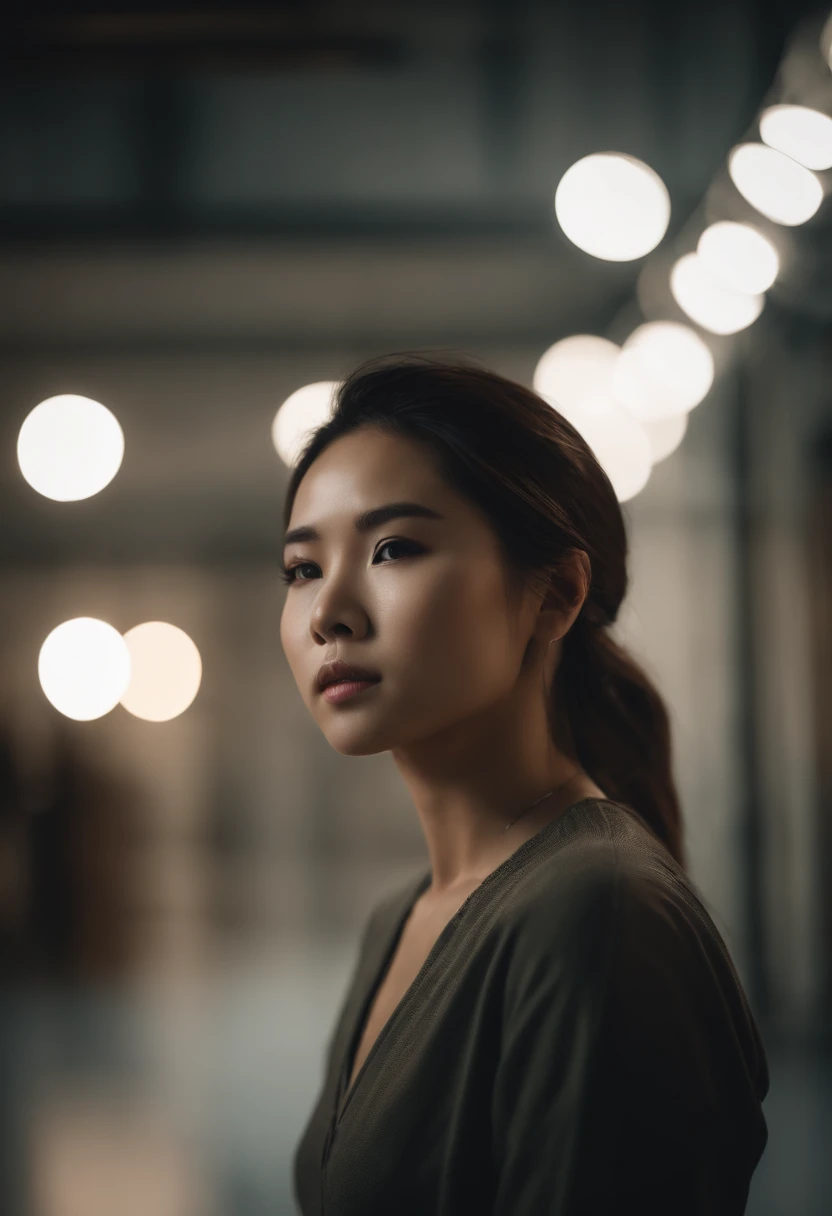 Asian girl, Extremely beautiful face,Elaborate Eyes,dynamic viewing angle,sadness,Dance studio,the rule of thirds, Tonal color scheme